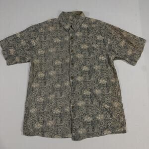 Shaver Lake Shirt Mens M Blue Beige Floral Button Up Short Sleeve 100% Silk FLAW